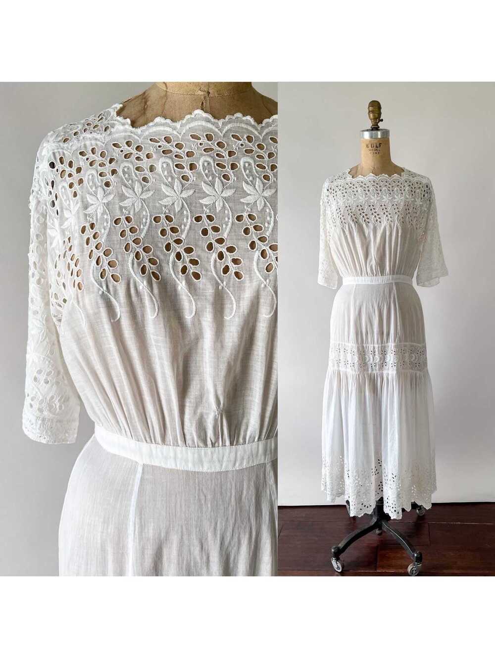 Antique Edwardian 1910s Off White Cotton Eyelet Lace Lingerie Dress XS S 27 W